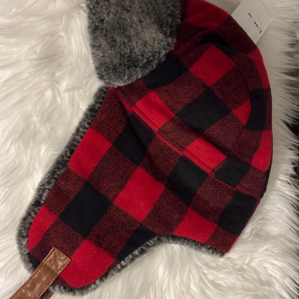 Old Navy Red and Black Checkered Kids Hat with faux fur